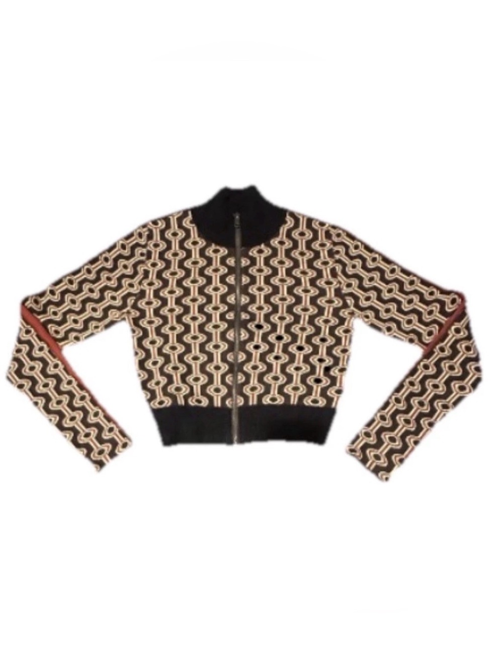 BDG Chandler Geometric Cropped Zip Up Sweater Brown Red Retro 70s Mock Neck Sz L